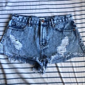 Acid wash high rise denim shorts